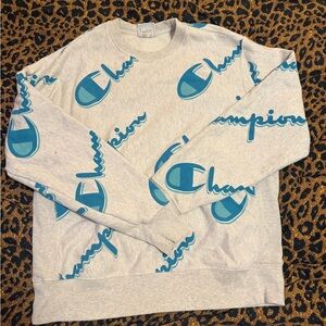 Champion Light Gray Crewneck Sweatshirt with Teal-Blue Logos